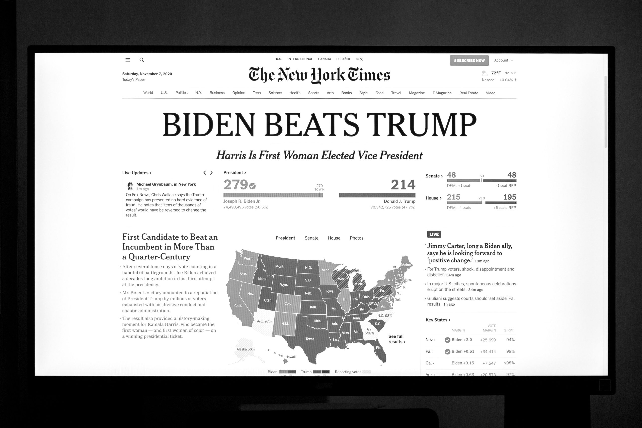 Biden wins presidency over Trump as detailed on newspaper front page.